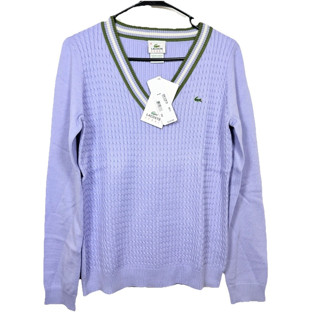 Lacoste Sport Sweater Womens 44 12 Purple V Neck Cotton Knit Logo Preppy Jumper